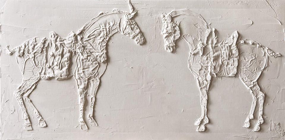 Chinese Porcelain Horses 50 Cm X 100 Cm Huile Sculptee Sur Toile 2015