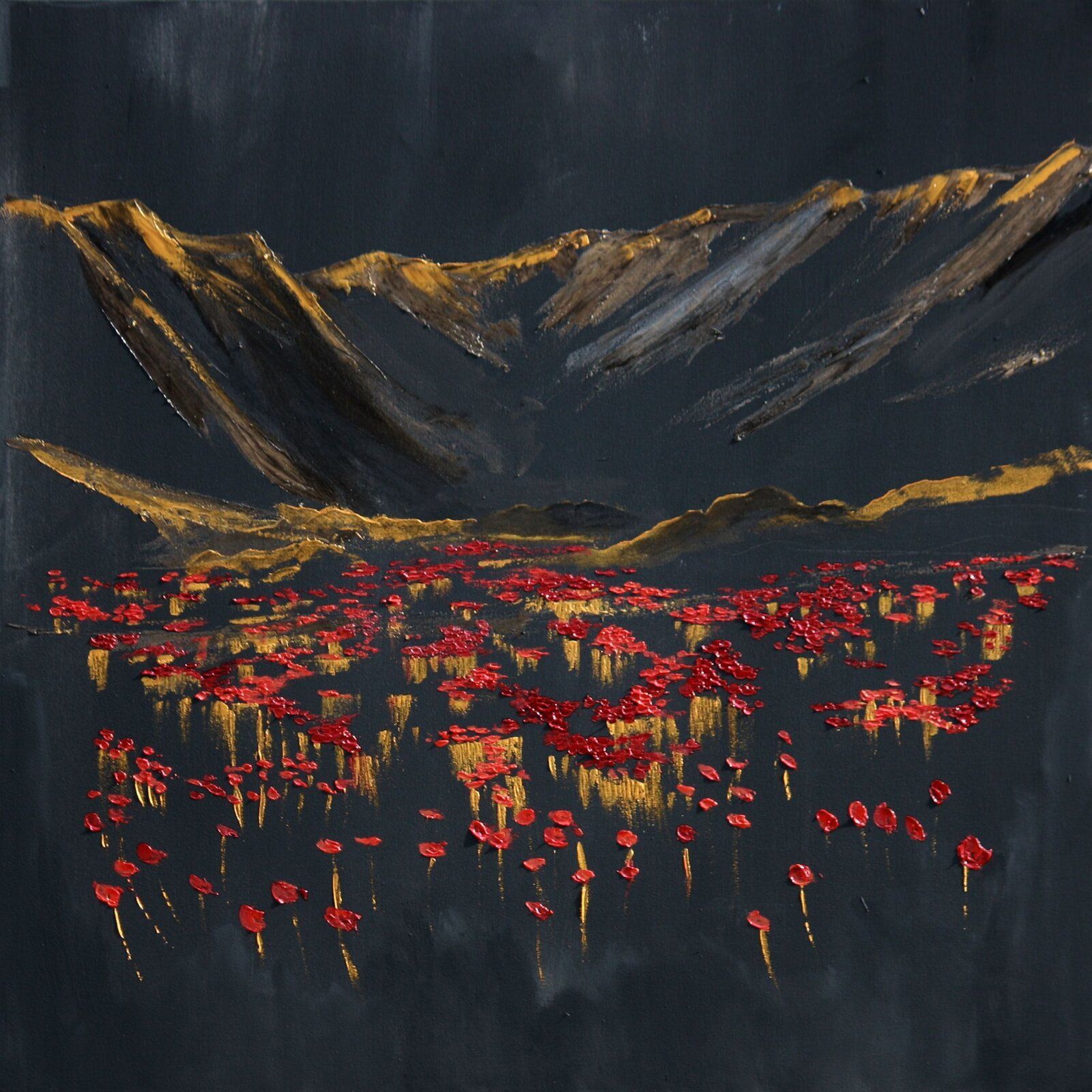 Mountains and Poppy Field Landscape 70 Cm X 70 Cm Oil On Canvas 2020